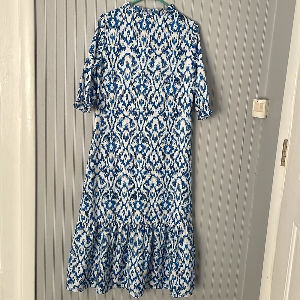 Blue Boho Pattern Maxi Elegant Short Sleeve V Neck Loose Swing Dress | Small - Picture 8 of 14